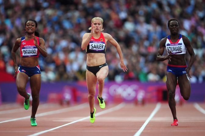 From left, Ezinne Okparaebo of Norway, Verena Sailer of Germany and Myriam Soumare of France compete in the women's 100-meter on Friday.