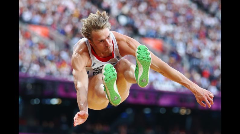 Great Britain's Christopher Tomlinson competes in the men's long jump qualification on Day 7 of the London 2012 Olympic Games.