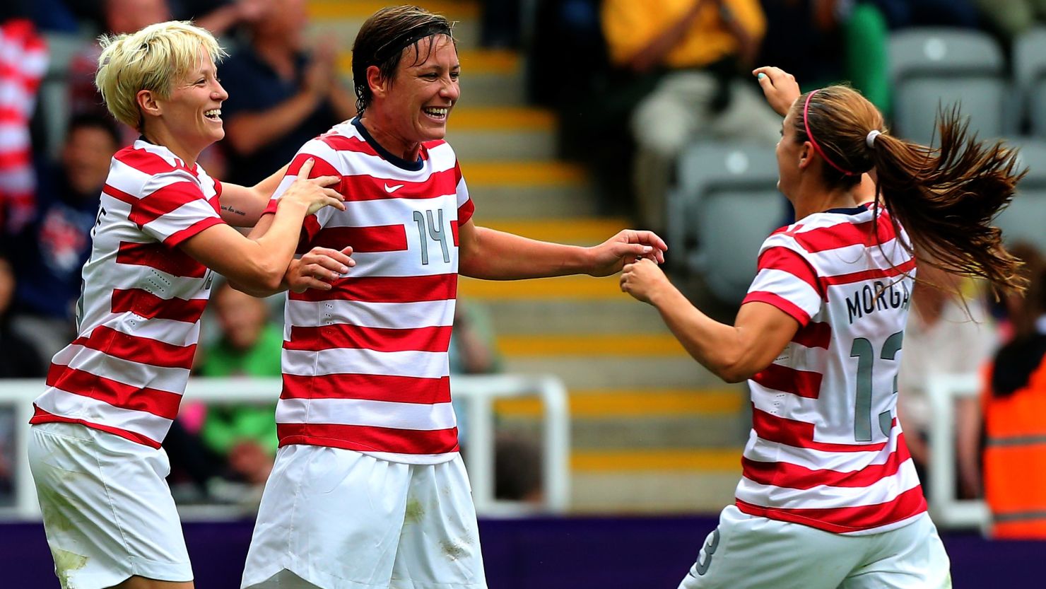 Abby Wambach, center, celebrates her goal with U.S. teammates Megan Rapinoe, left, and Alex Morgan in Newcastle.