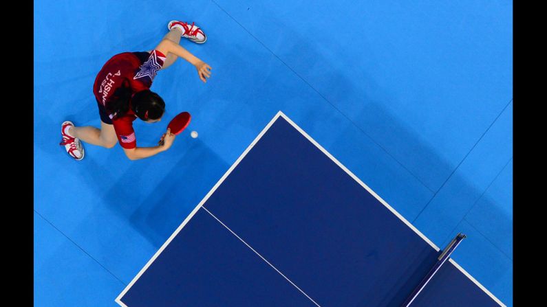 American Ariel Hsing competes in the women's team first-round table-tennis match.