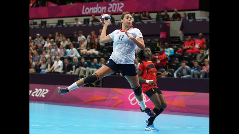 Ewa Palies of Great Britain goes up for a shot during the women's handball preliminaries match against Angola.