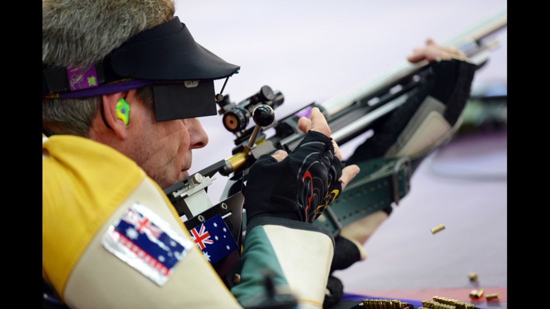 Warren Potent of Australia competes in the men's 50-meter rifle prone shooting qualification.