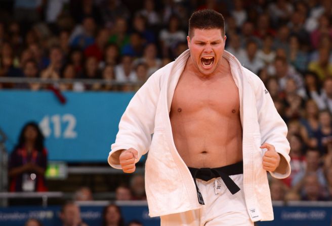 Hungary's Barna Bor reacts during an over 100-kilogram judo contest match.