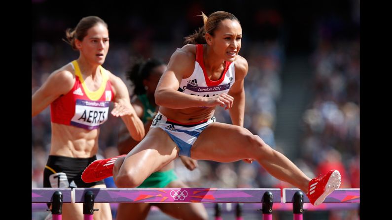 Jessica Ennis of Great Britain competes in the women's heptathlon 100-meter hurdles heat.