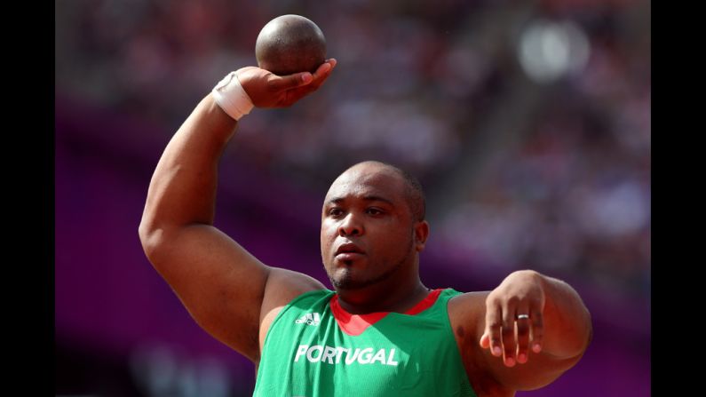 Marco Fortes of Portugal competes in the men's shot put qualification.