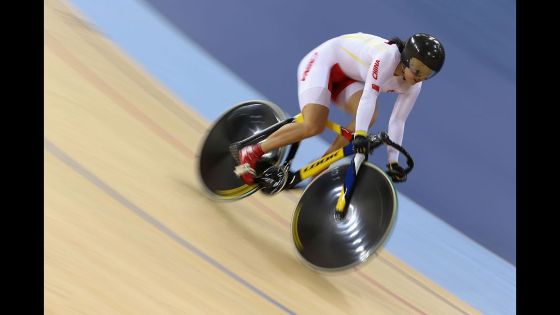 Shuang Guo of China competes during the women's sprint track cycling qualifying.