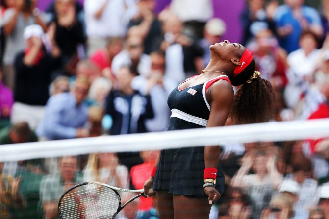 Serena Williams reacts after defeating Maria Sharapova of Russia to win the gold medal in women's singles tennis in London, England, on Saturday, August 4.