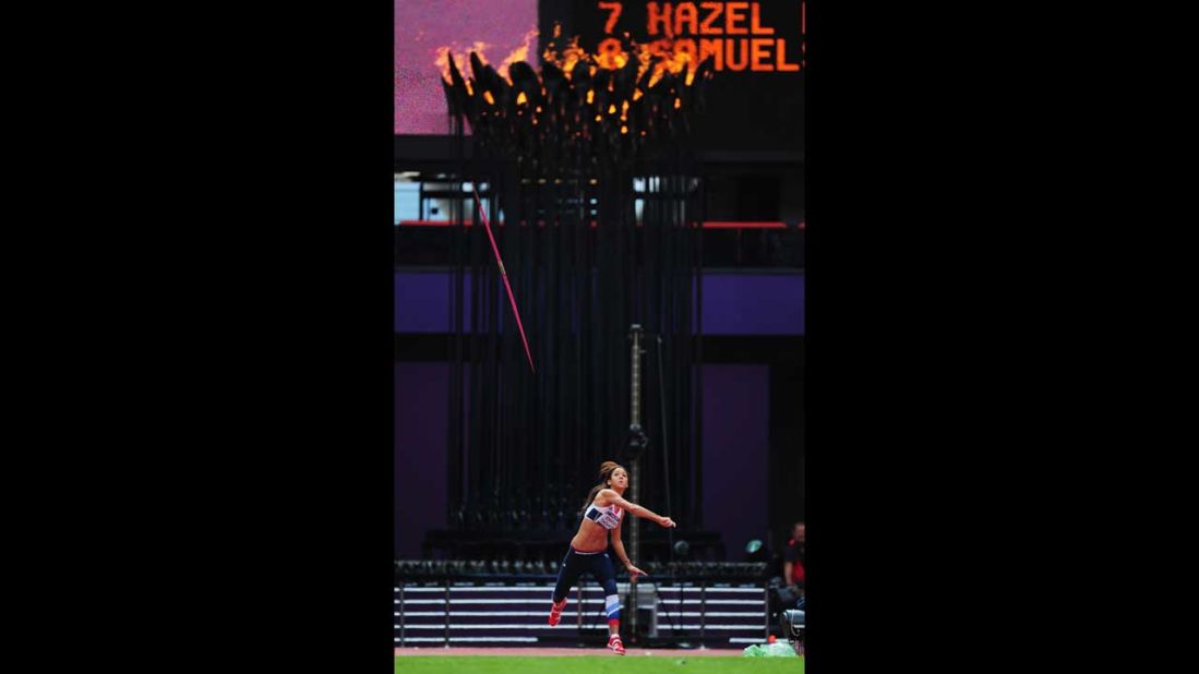 Great Britain's Louise Hazel competes in the women's heptathlon javelin throw.