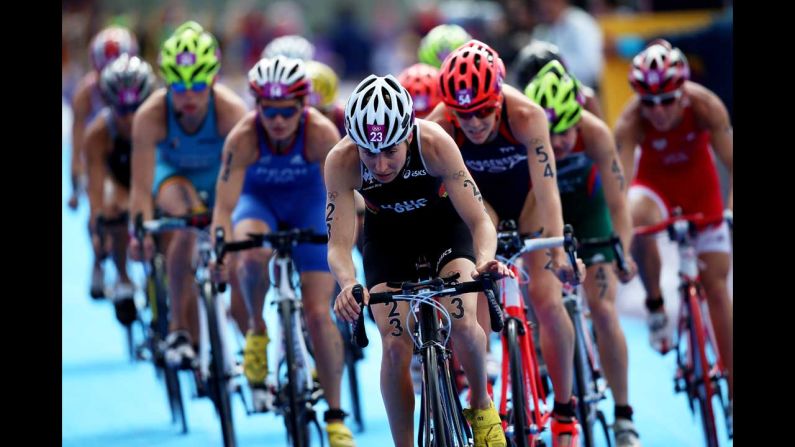Germany's Anne Haug competes in the cycling leg of the women's triathlon.