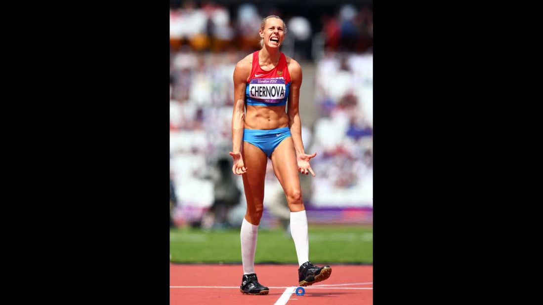 Tatyana Chernova of Russia reacts during the women's heptathlon javelin throw.