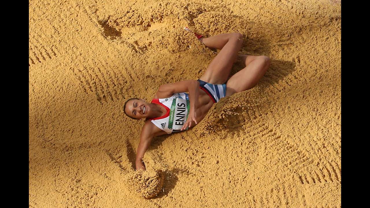 Jessica Ennis of Great Britain competes in the women's heptathlon long jump.