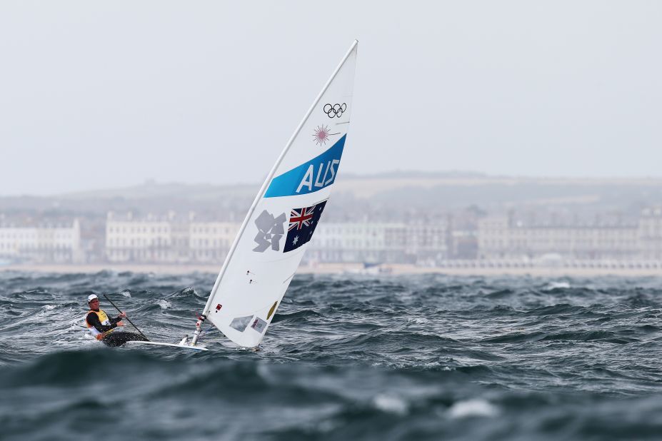 Tom Slingsby of Australia competes in men's laser sailing in Weymouth, England.