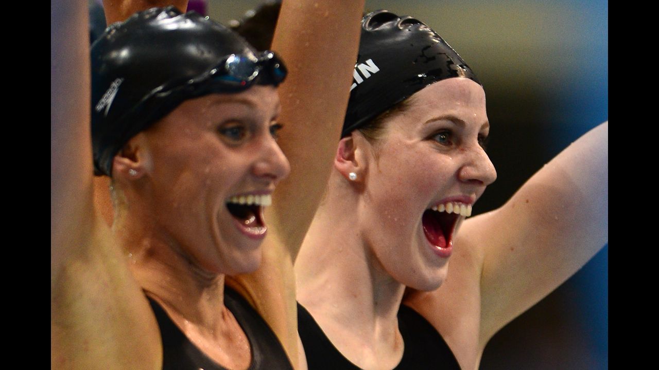 Dana Vollmer, left, and Missy Franklin react after winning gold in the women's 4x100-meter medley relay.