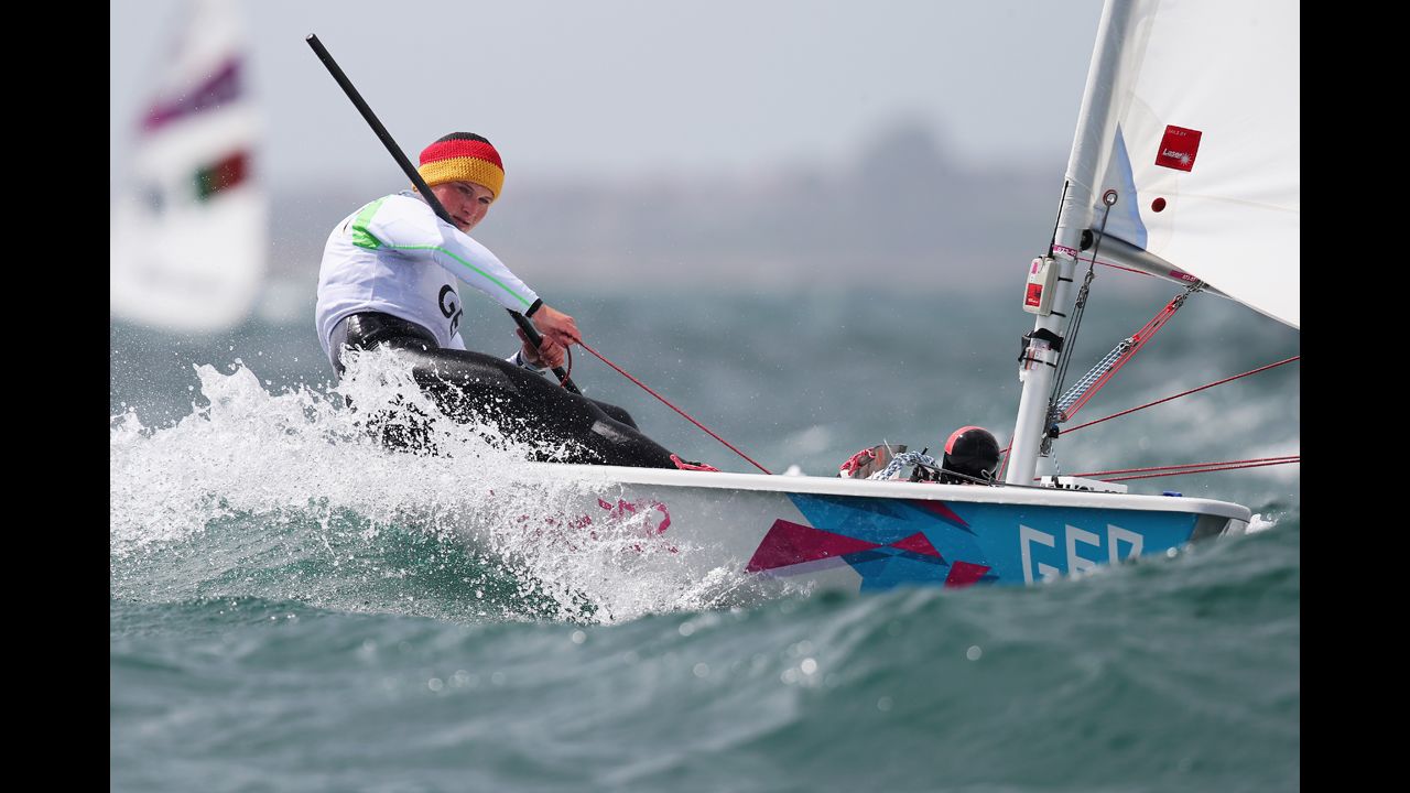 Franziska Goltz of Germany competes in laser radial women's sailing in Weymouth, England.
