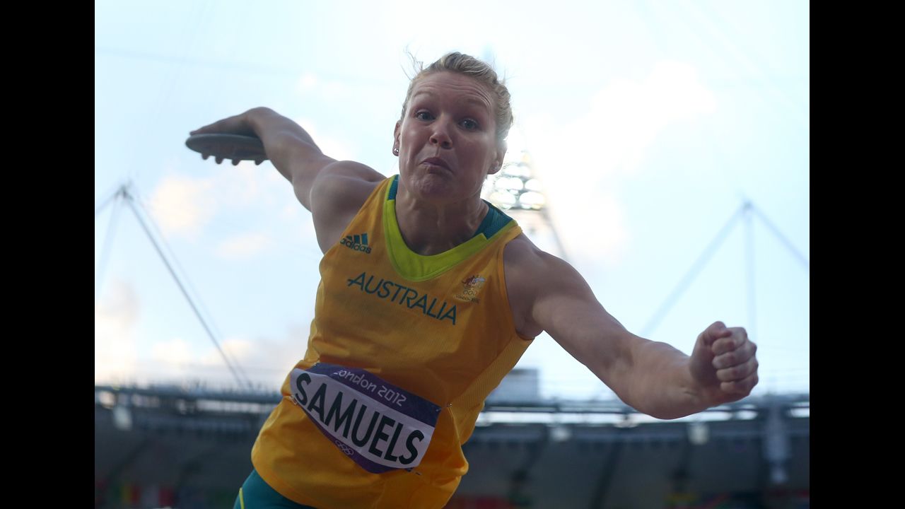 Dani Samuels of Australia competes in the women's discus throw final.