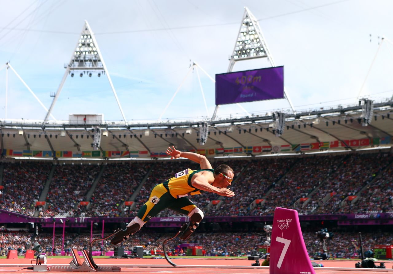 Oscar Pistorius of South Africa competes in the men's 400-meter qualifying heat.