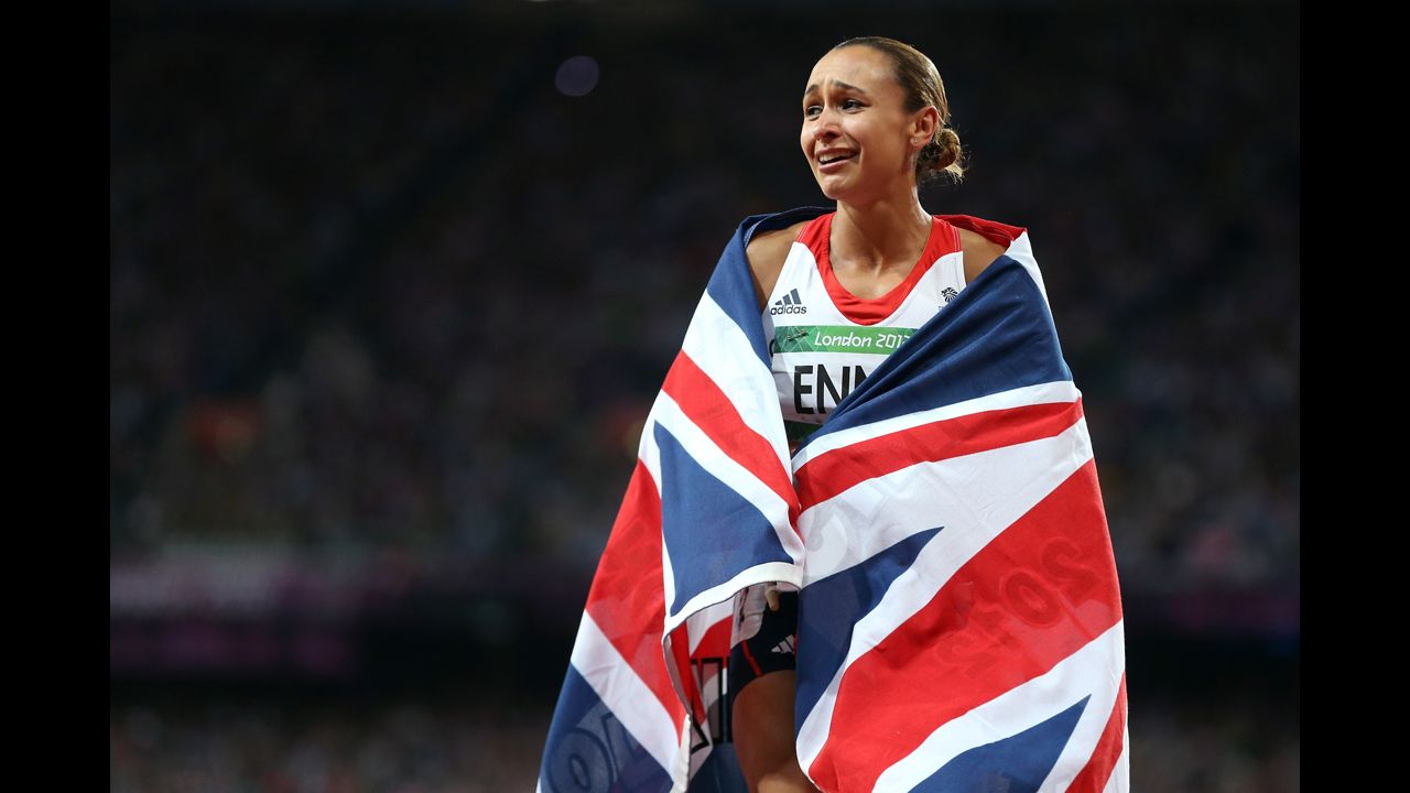 Jessica Ennis of Great Britain is overcome with emotion after winning gold in the women's heptathlon.