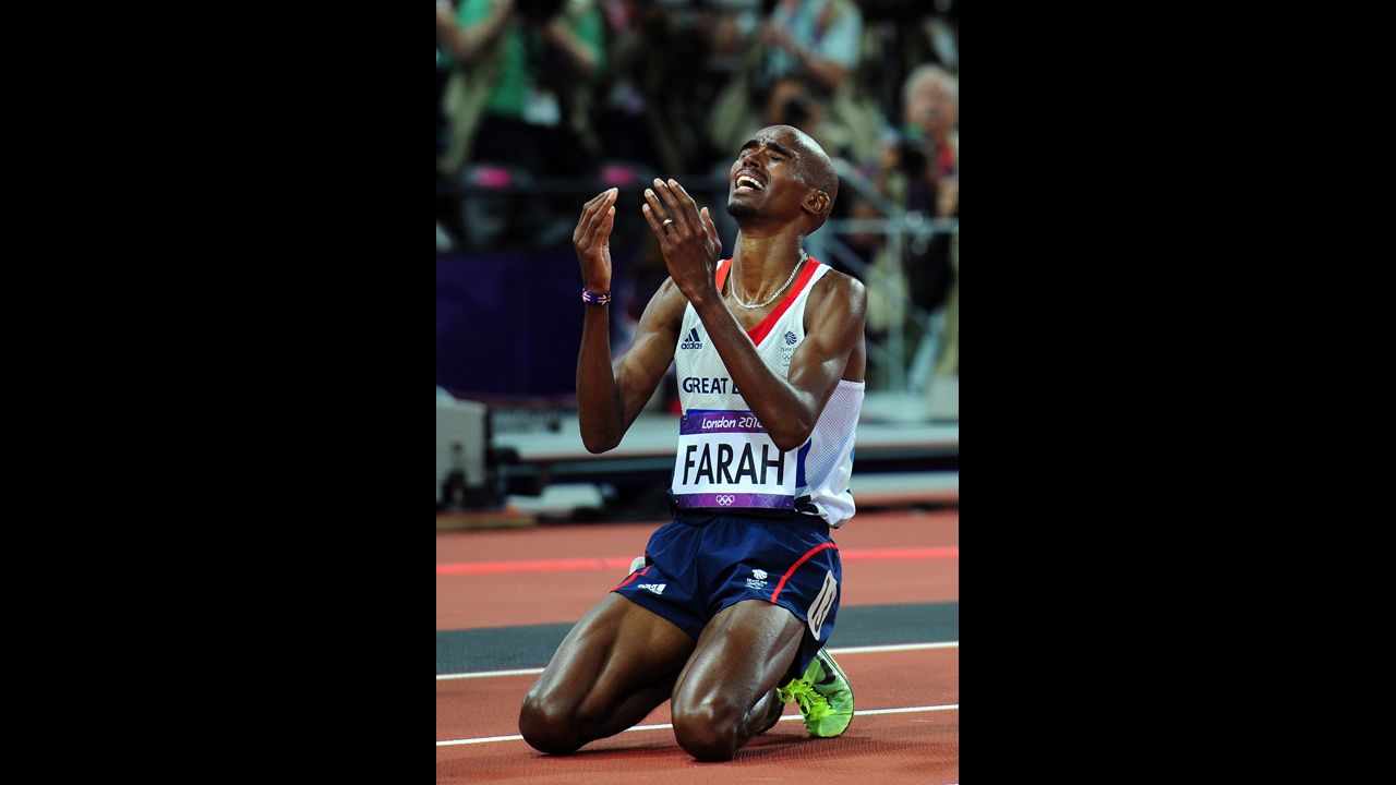 Mohamed Farah of Great Britain celebrates winning gold in men's 10,000-meter final.