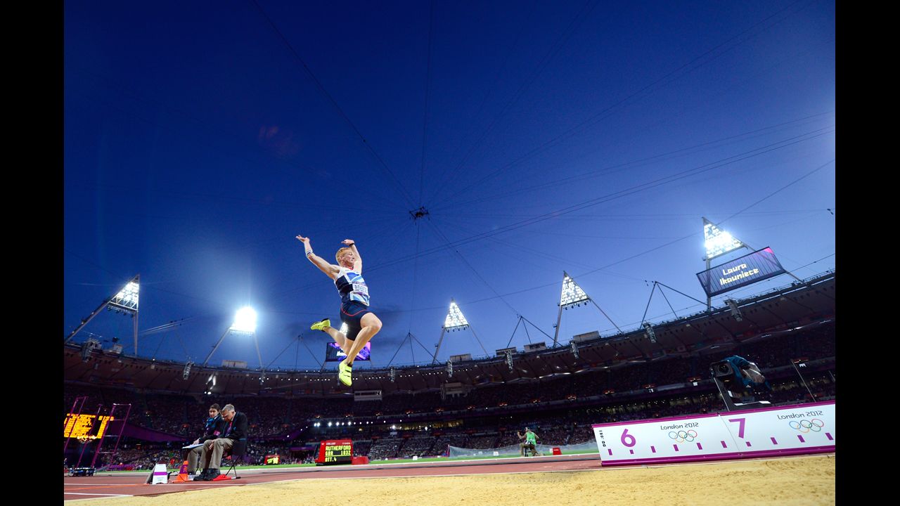 Greg Rutherford of Great Britain on his way to winning the gold medal in the men's long jump final.