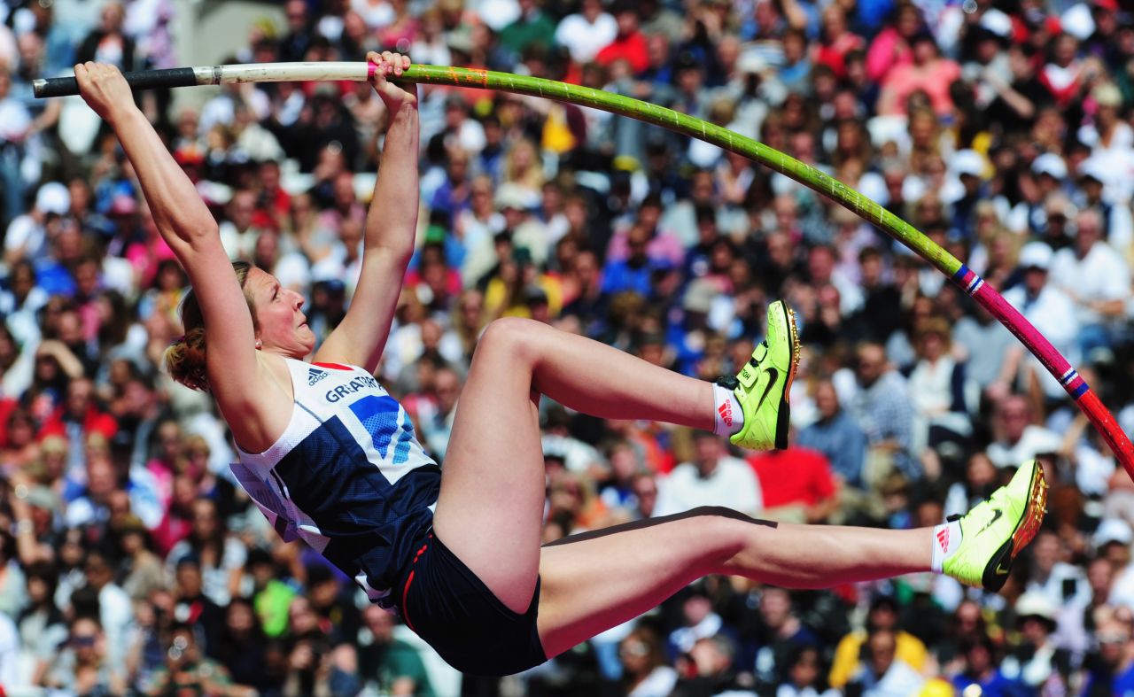 Holly Bleasdale of Great Britain makes a vault in the Women's Pole Vault qualification at Olympic Stadium.