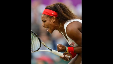Serena Williams revels in the moment as she plays with her sister Venus against the Czech Republic's Andrea Hlavackova and Lucie Hradecka during the women's doubles gold medal match.