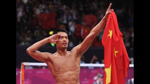 Lin Dan of China celebrates winning his men's singles badminton gold medal match against Chong Wei Lee of Malaysia.