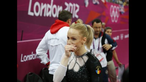 Romania's Sandra Raluca Izbasa reacts after winning gold in the women's vault final of the artistic gymnastics event.