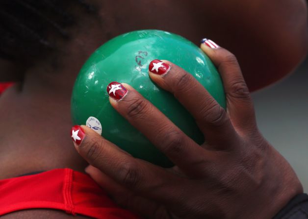 Jillian Camarena-Williams of the United States competes in the women's shotput qualification.