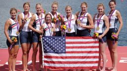Members of the US Women's Eight Rowing team celebrate their gold medals at Eton Dorney on August 2, 2012 in Windsor, England.