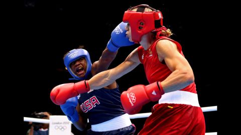 Claressa Shields of the United States, left, squares off against Anna Laurell of Sweden during the women's middle 75-kilogram boxing quarterfinals.