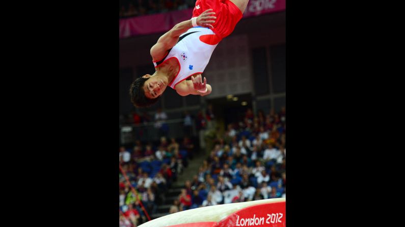 South Korea's Yang Hak Seon launches to win gold in the men's vault final.