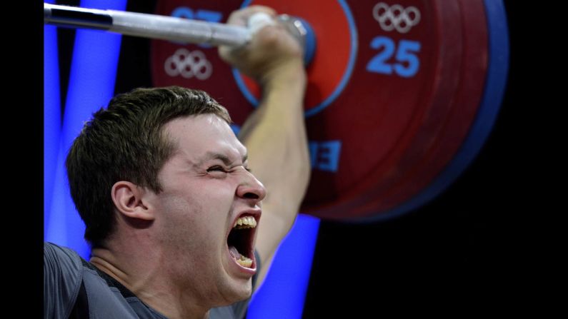 Ukraine's Sergiy Tagirov makes a successful lift during the men's 105-kilogram Group B weightlifting event.