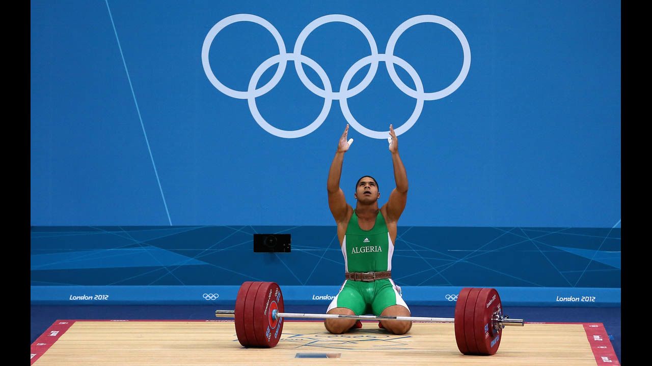 Walid Bidani of Algeria competes in the men's 105-kilogram weightlifting.