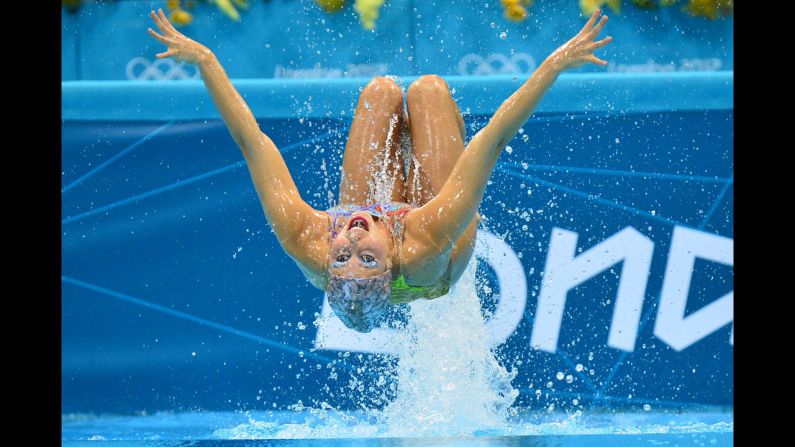 Brazil's Nayara Figueira competes in the duets synchronized swimming free routine preliminary round.