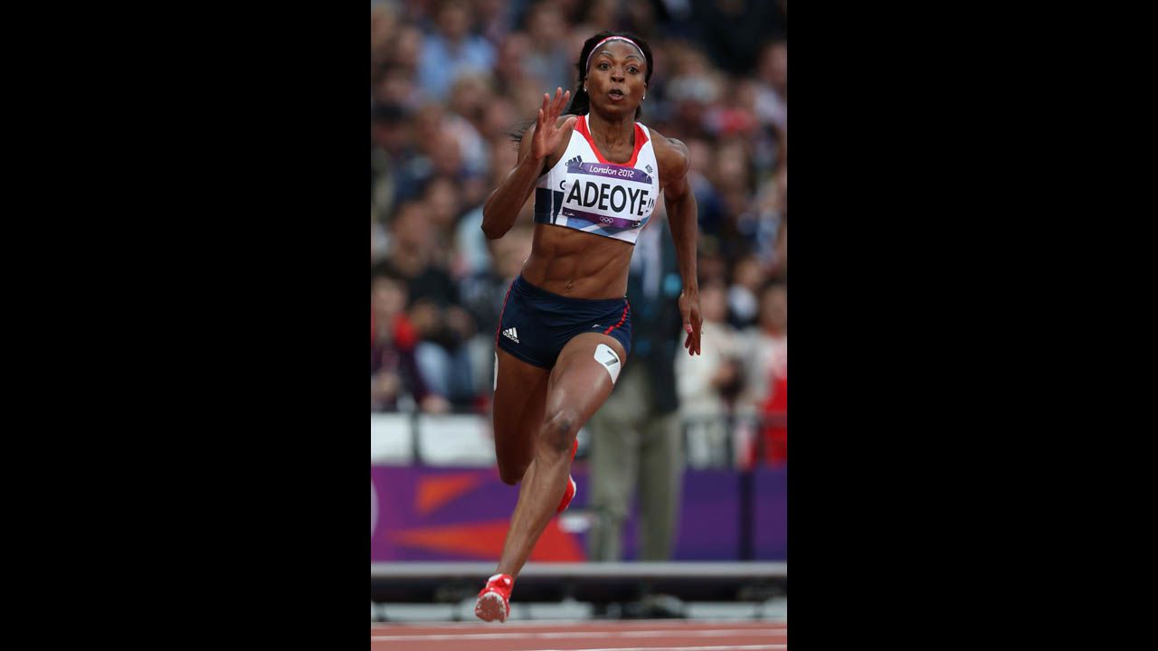 Margaret Adeoye of Great Britain competes in the women's 200-meter heat.