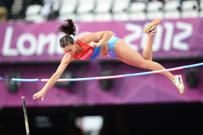 Russia's Yelena Isinbayeva practices ahead of the women's pole vault final.