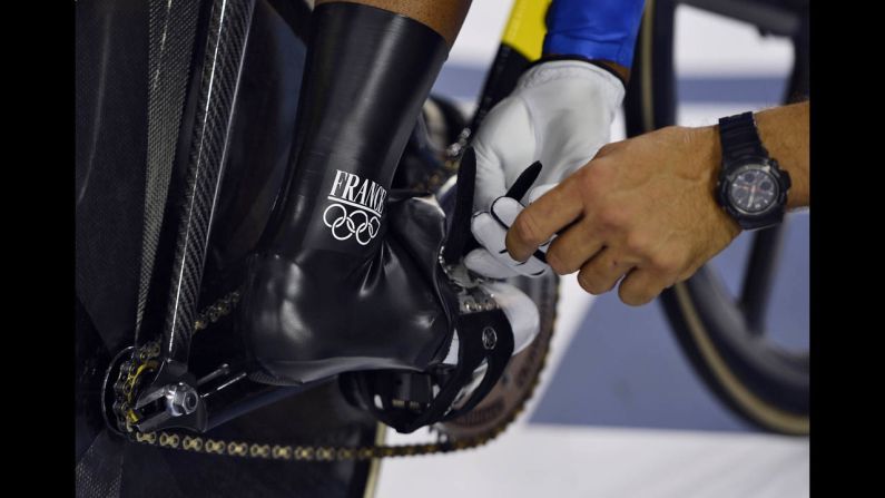 France's Gregory Bauge prepares to compete in the men's sprint semifinal cycling event.