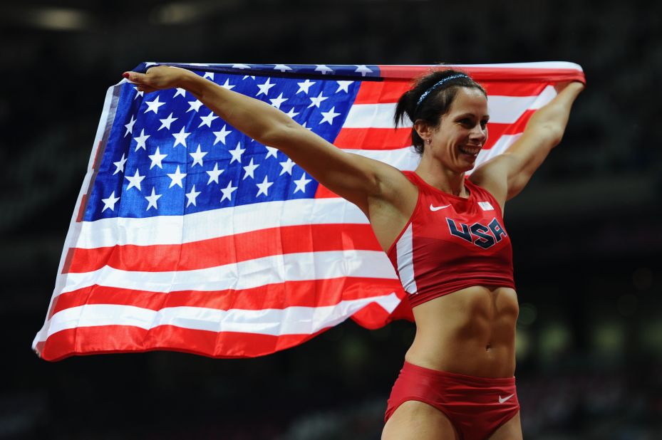 Jennifer Suhr of the United States celebrates winning the gold medal in the women's pole vault final on Monday.