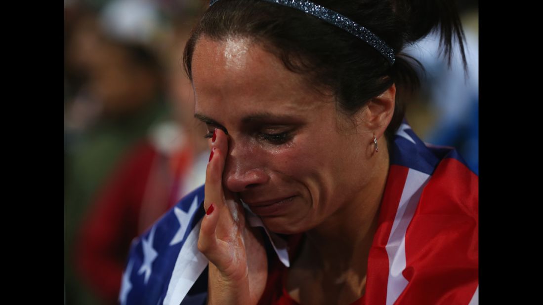 Jennifer Suhr shows her emotion after winning gold.