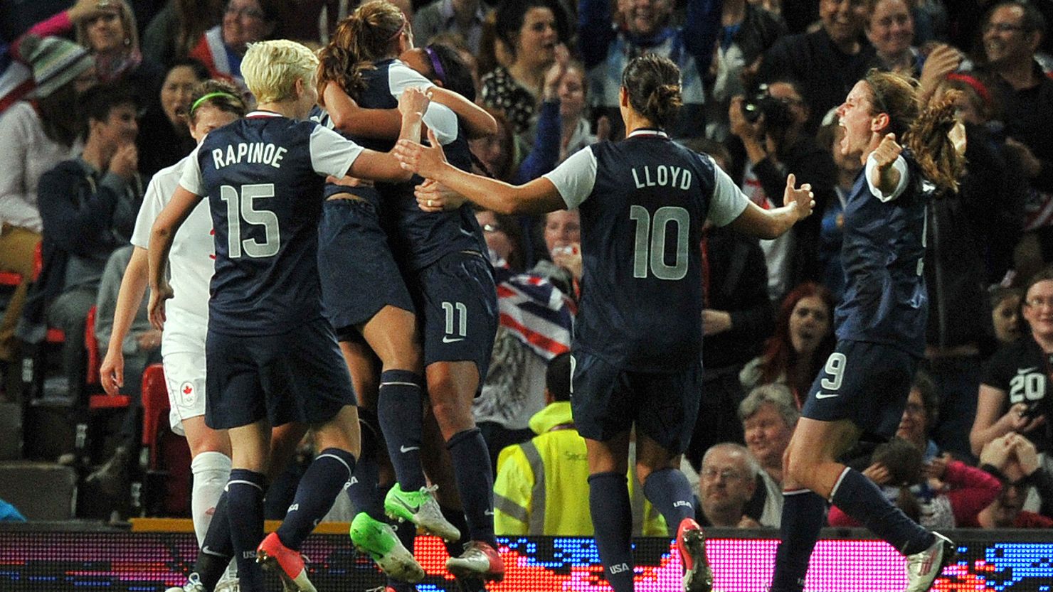 Team USA celebrate reaching a fifth consecutive women's Olympic football final.