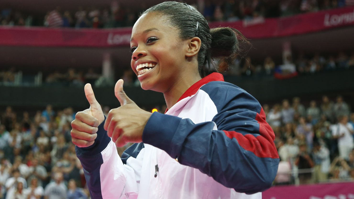 U.S. gymnast Gabrielle Douglas celebrates after winning the artistic gymnastics women's individual all-around final in London.