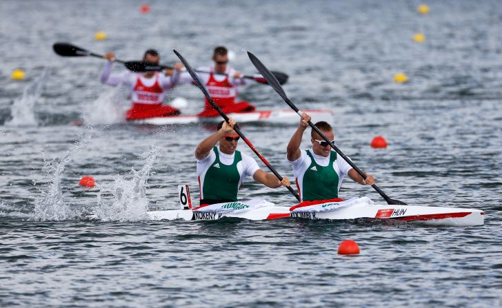 Roland Kokeny, left, and Rudolf Dombi of Hungary compete in the men's kayak double (K2) 1,000-meter canoe sprint heats at Eton Dorney.