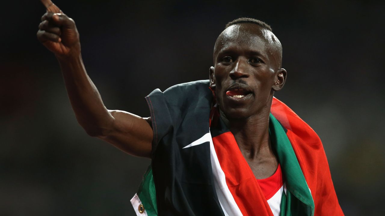 Kenya's Ezekiel Kemboi after winning gold in the men's 3000 meter steeplechase at London 2012.
