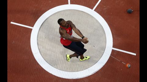 Kibwe Johnson of the United States competes in the men's hammer throw final.
