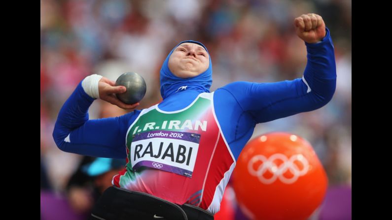 Leyla Rajabi of Iran competes in the women's shotput qualification round.