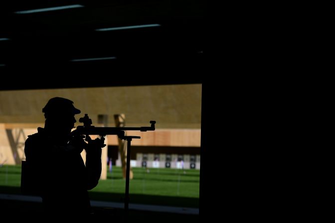 Bojan Durkovic of Croatia takes aim during the men's 50-meter rifle three-position shooting event.
