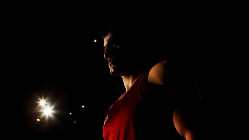 Magomedrasul Medzhidov of Azerbeijan enters the ring for his bout with Magomed Omarov of Russia during the men's super heavyweight boxing match.