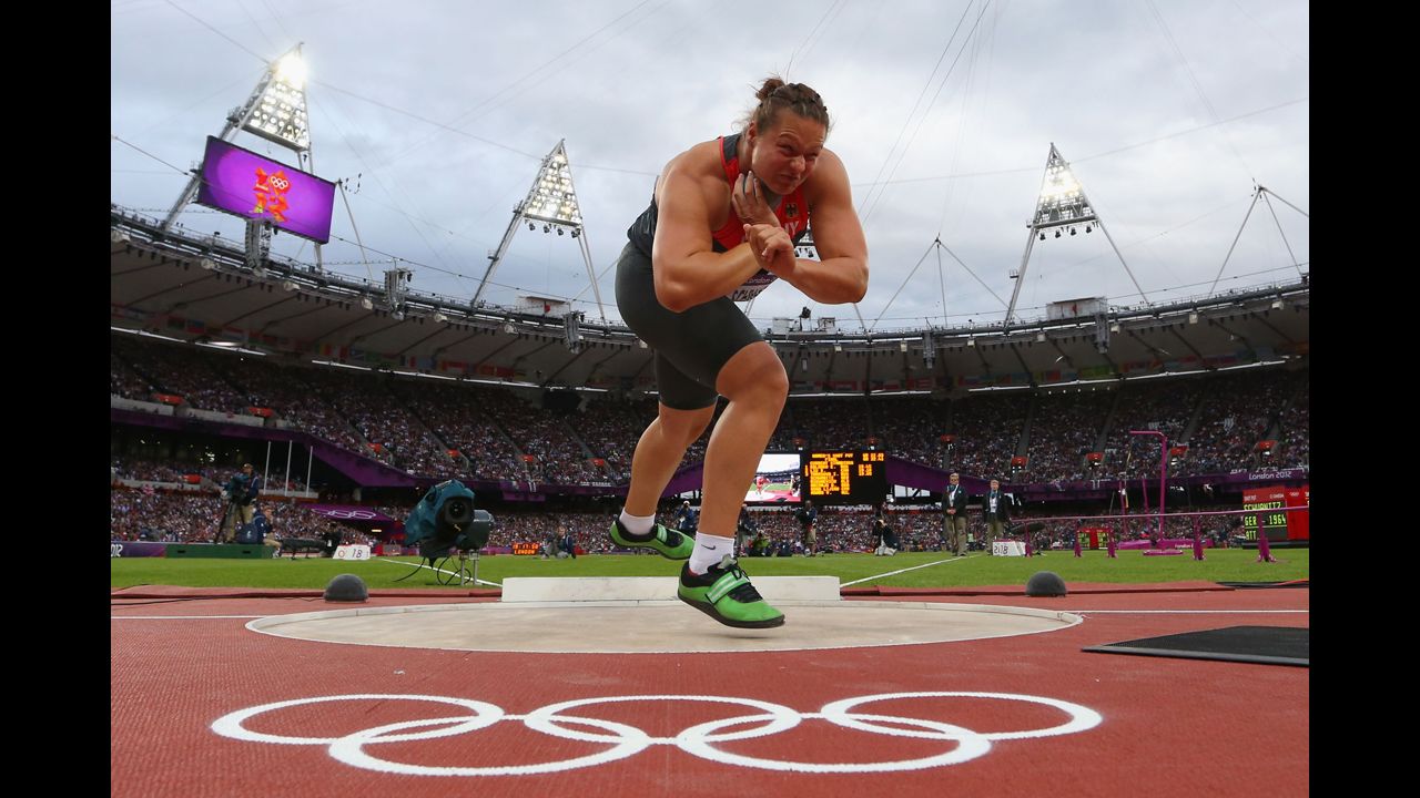Germany's Christina Schwanitz prepares for shot put during the final.