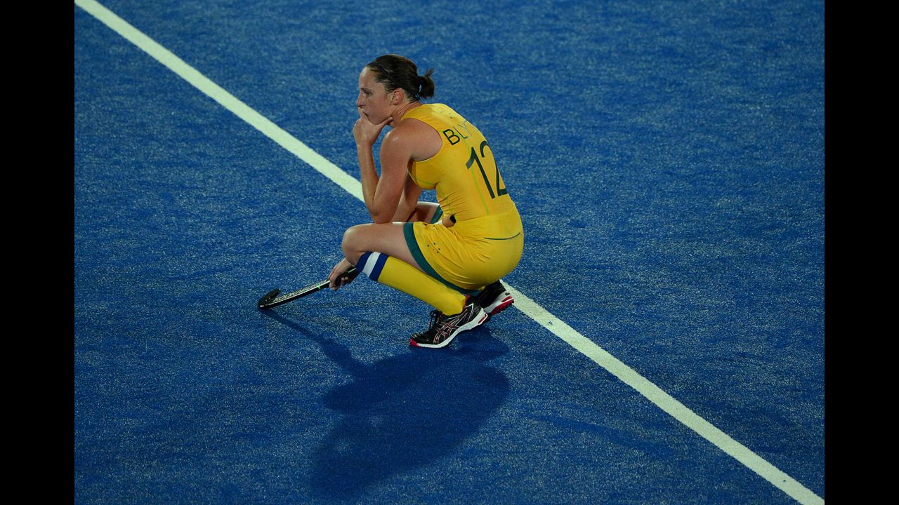 Madonna Blyth of Australia reacts to losing the chance to qualify for the semifinals after a goalless draw in the women's field hockey preliminary round match between Argentina and Australia 