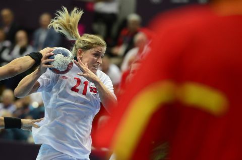Norway's Goril Snorroeggen shoots during the women's quarterfinal handball match against Brazil. Norway won 21-19.